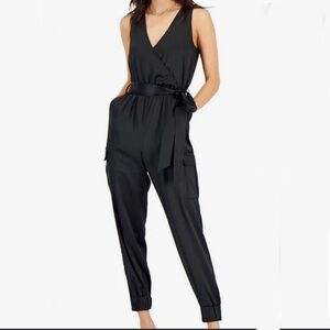 INC Black Satin Sleeveless Fax Wrap Jumpsuit Size Medium NWT